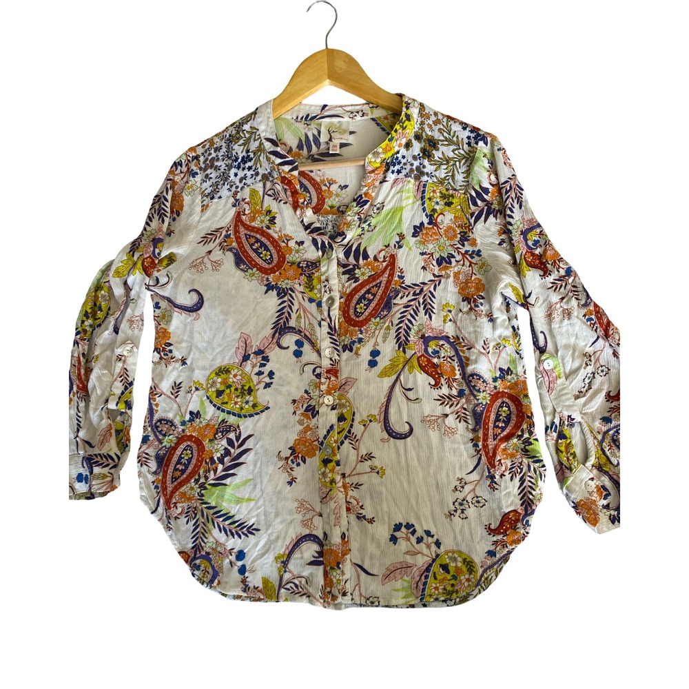 Fig & Flower Blouse M Boho Paisley Floral Rayon Button Tab Sleeve Split Top Chic - Picture 5 of 12